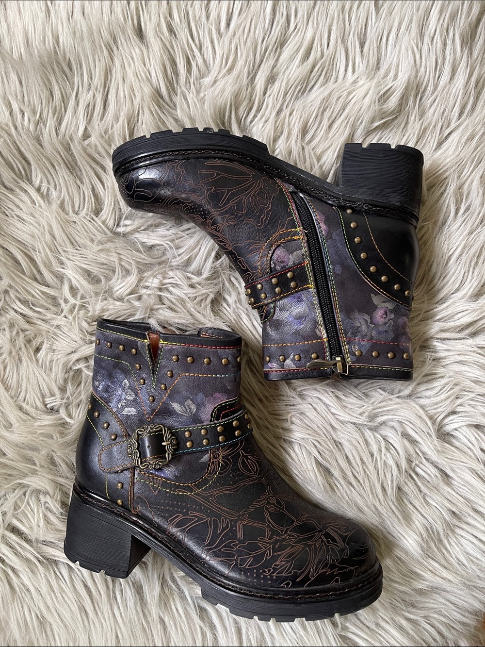 L'ATISTE Black Floral Studded Leather Ankle Booties with Buckle - Picture 3 of 8